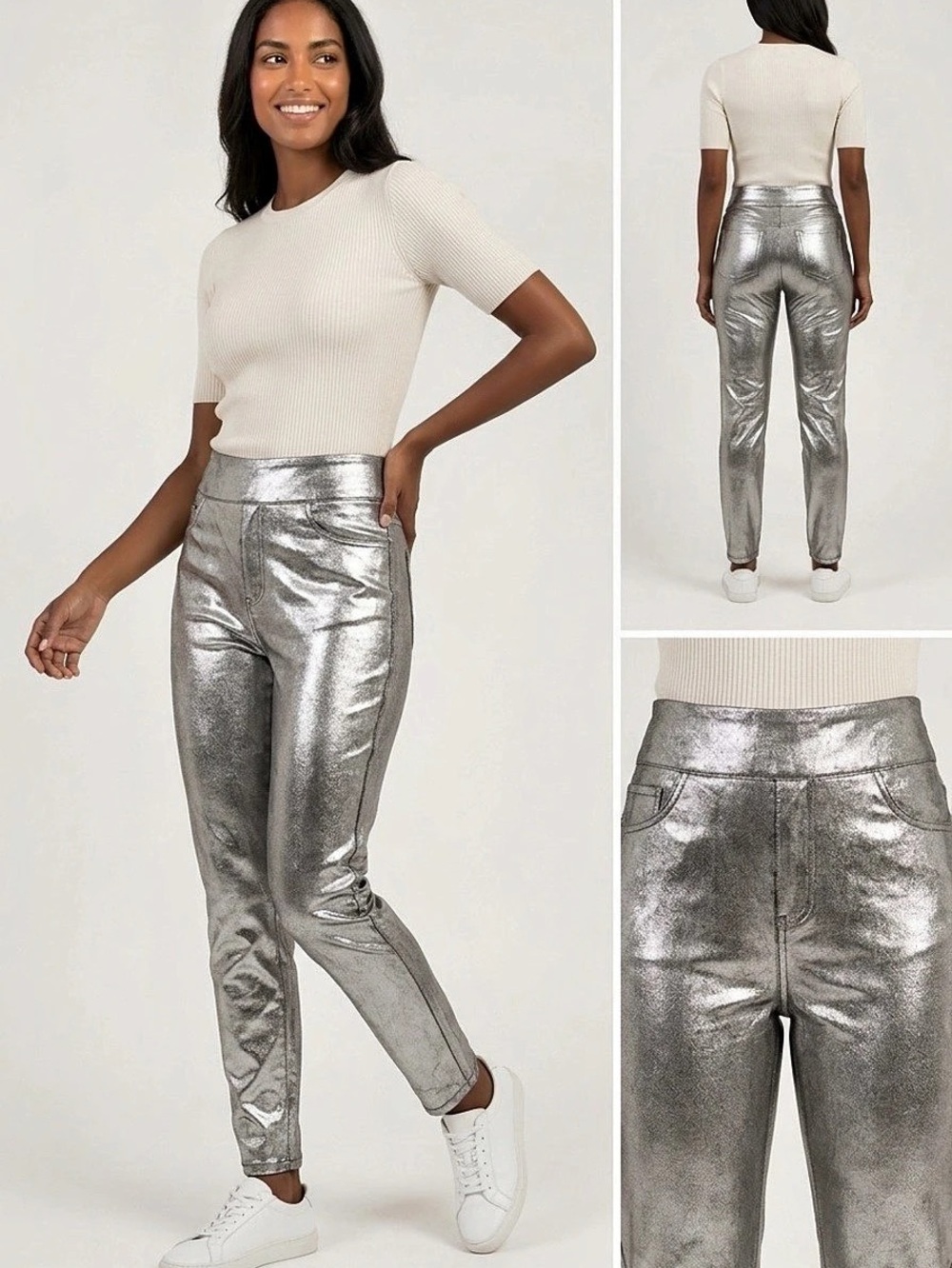 Halara SoftlyZero Faux Leather High Waisted Pocket Work Leggings Metallic Silver